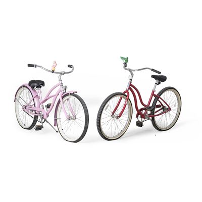 Due biciclette da donna, rosse e rosa, dimensioni variabili