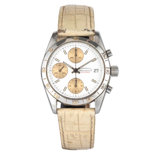 Eberhard &amp; Co - Chronographe Champion ref. 775 in acciaio con tasti a pompa, quadrante bianco con contatori dorati e datario al tre, carica automatica, 37 mm