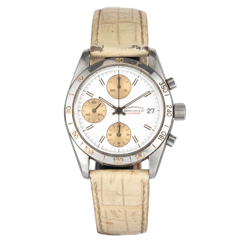 Eberhard &amp;amp; Co : Chronographe Champion ref. 775 in acciaio con tasti a pompa, quadrante bianco con contatori dorati e datario al tre, carica automatica, 37 mm  - Auction Orologi da polso - Cambi Casa d'Aste