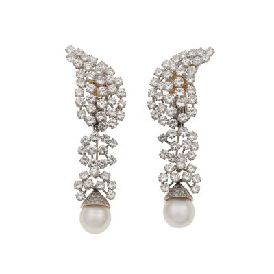 Orecchini Pendenti con Diamanti Taglio Brillante per Totale Ct 16.00 Circa e Perle Coltivate