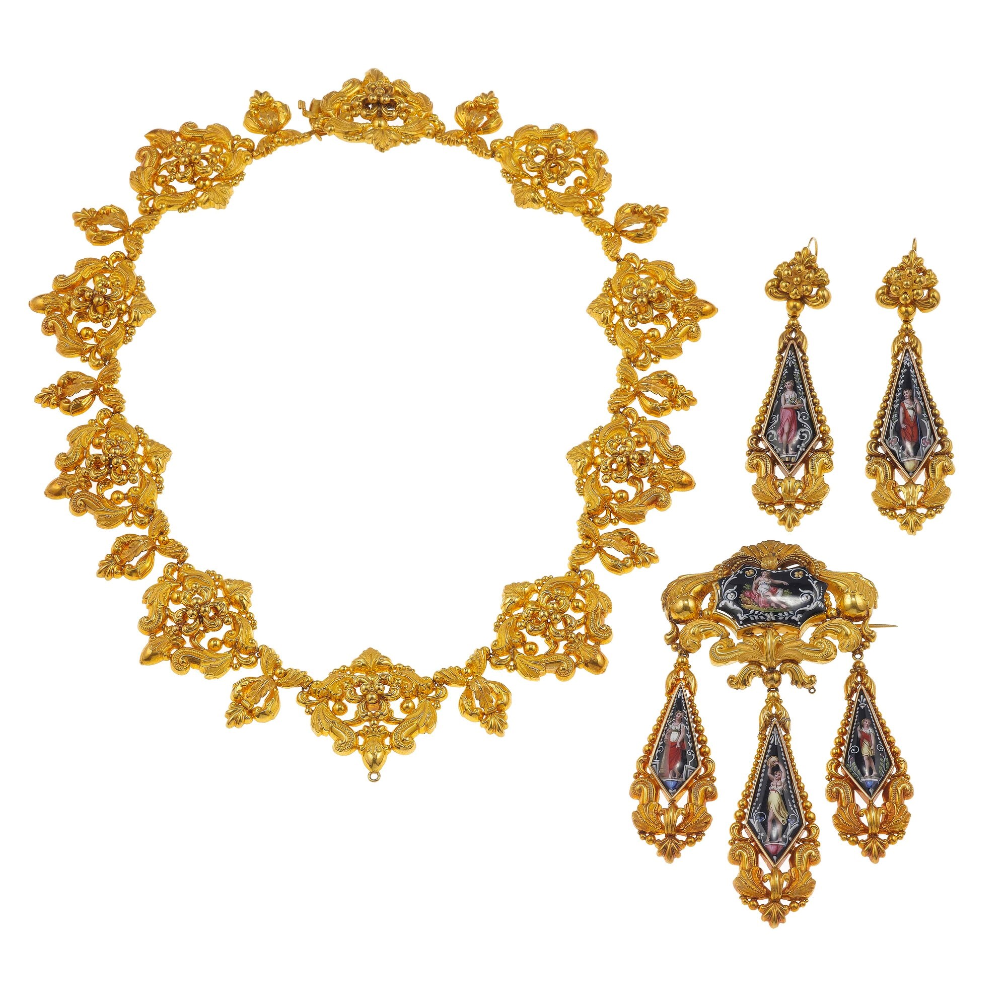 Demi-parure Composta da Collana con Pendente/spilla ed un Paio di Orecchini con Miniature