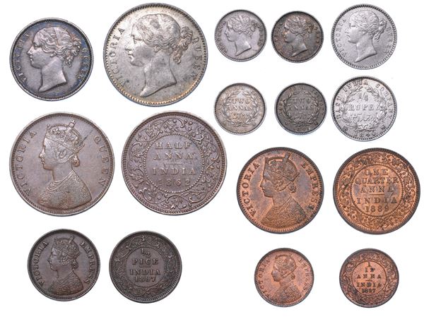 INDIA BRITANNICA. VICTORIA, 1837-1901. Lotto di nove monete.