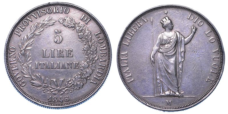 MILANO. GOVERNO PROVVISORIO DI LOMBARDIA, 1848. 5 Lire 1848.  - Asta Numismatica - I - Cambi Casa d'Aste