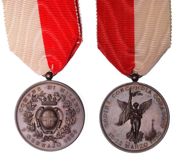 MILANO. ORDINE CONCORDIA CORAGGIO, 18-22 MARZO 1848. Onorificenza in bronzo con nastro.