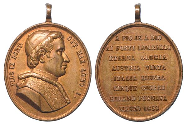 STATO PONTIFICIO. PIO IX, 1846-1878. Medaglia in bronzo 1848. Cinque giornate di Milano.