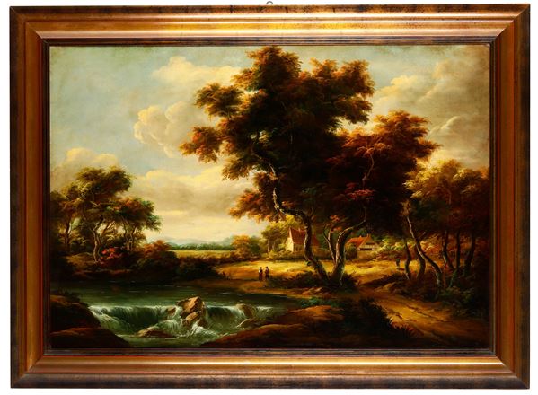 W. Kiwar (1911 - ?) Paesaggio fluviale con figure