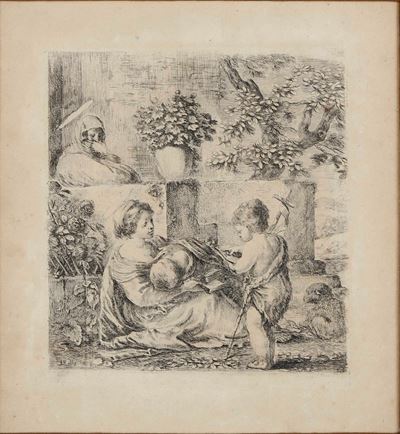 Stefano della Bella (1610-1664) Sacra Famiglia con Sant'anna e San Giovanni Battista Bambino