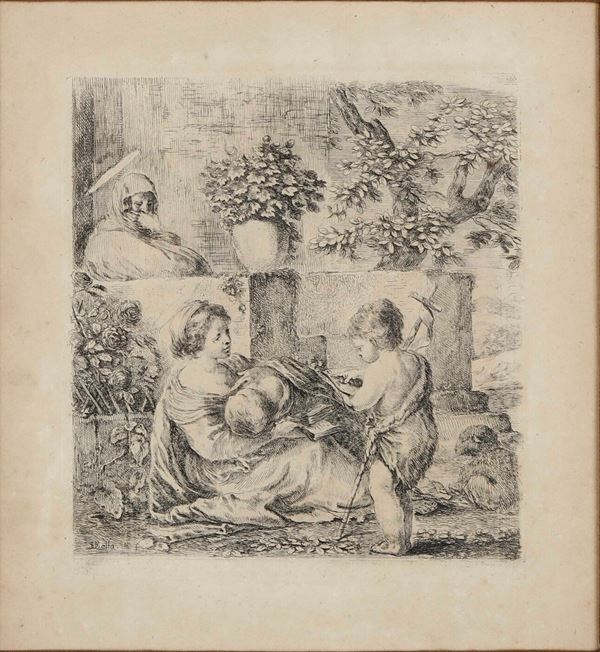Stefano della Bella (1610-1664) Sacra Famiglia con Sant'Anna e San Giovanni Battista bambino