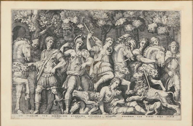 Marcantonio Raimondi (1480-1534) Caccia al leone  - Asta Stampe Antiche e Moderne - Cambi Casa d'Aste