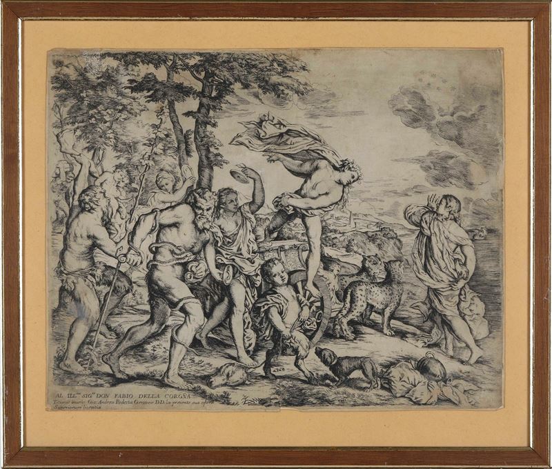 Giovanni Andrea Podestà (1608 – 1673 circa) da Tiziano Vecellio (1488-1576) Il baccanale degli Andrii  - Asta Stampe Antiche e Moderne - Cambi Casa d'Aste