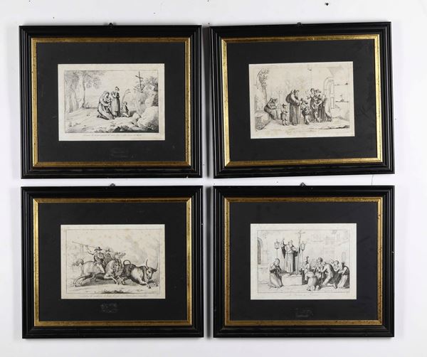 Bartolomeo Pinelli (1781 – 1835) Eremita che fa bagiare una reliquia, 1809 / Ciociara che prega avanti la Croce dove è stato ucciso il marito, 1815 / Cavalcature che conducono le bestie bovine in Roma per macellare, 1815 / La predica in piazza, 1815