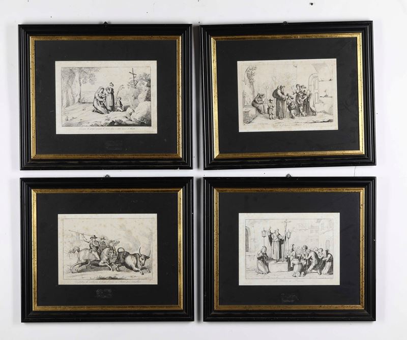 Bartolomeo Pinelli (1781 – 1835) Eremita che fa bagiare una reliquia, 1809 / Ciociara che prega avanti la Croce dove è stato ucciso il marito, 1815 / Cavalcature che conducono le bestie bovine in Roma per macellare, 1815 / La predica in piazza, 1815  - Asta Stampe Antiche e Moderne - Cambi Casa d'Aste