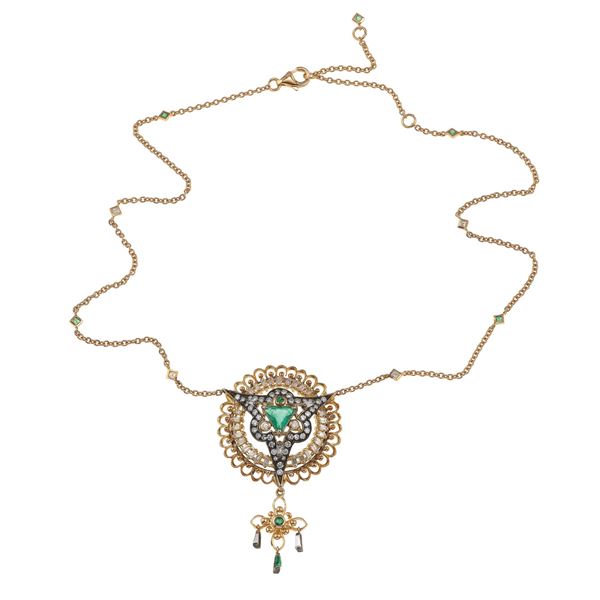 Emerald, diamond, low-karat and silver pendant necklace
