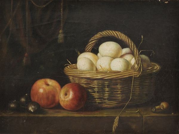 Scuola del XVIII-XIX secolo Natura morta con mele e cesto di uova
