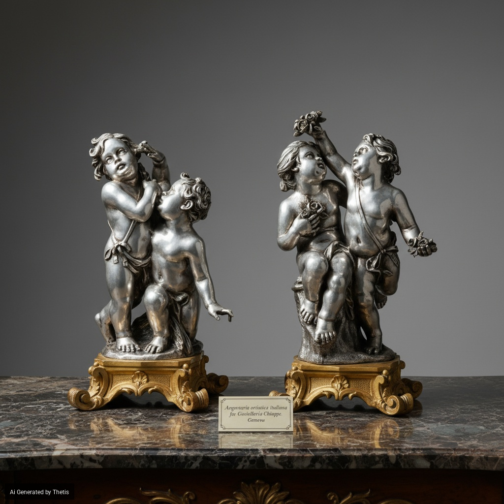 Coppia di Putti che Giocano. Argenteria Artistica Italiana per Gioielleria Chiappe, Genova, Appar...