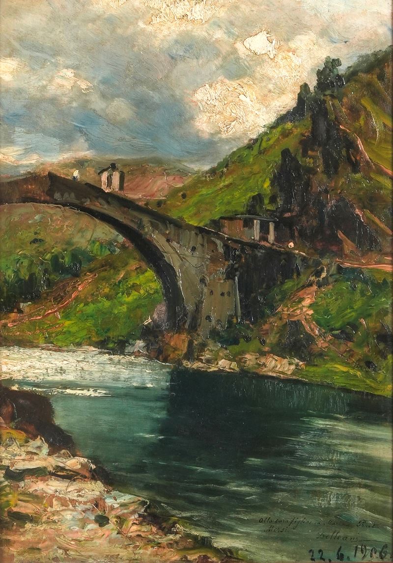 Lorenzo Delleani : Il Ponte del diavolo  - olio su tavoletta - Asta Dipinti del XIX-XX Secolo - Cambi Casa d'Aste