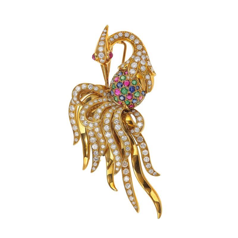 Diamond, ruby, emerald, sapphire and gold brooch  - Auction Fine Jewellery - Cambi Casa d'Aste