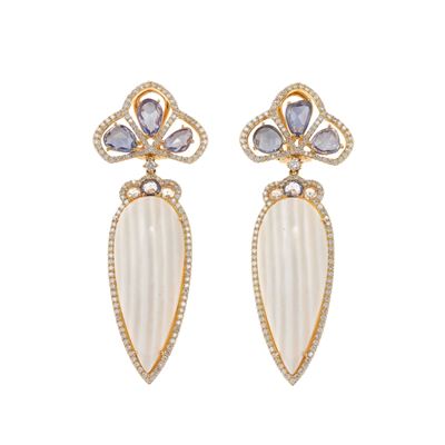 Orecchini pendenti, montatura in oro rosa 750/1000 con agata striata, tanzaniti e diamanti