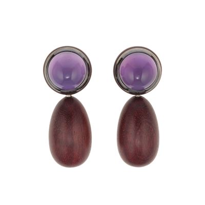 Sabbadini. Orecchini Pendenti Com Ametista Taglio Cabochon e Legno