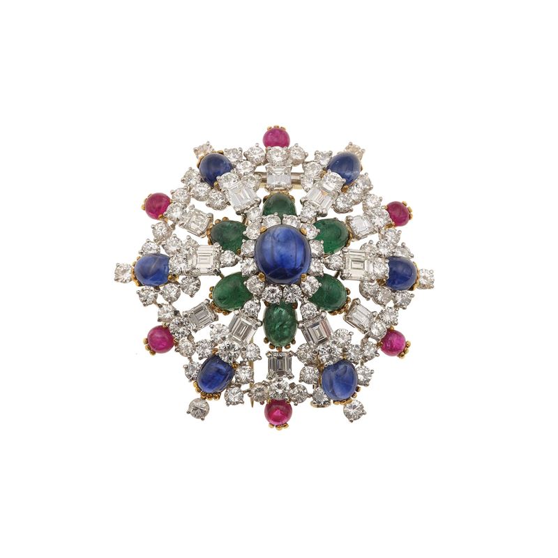 Diamond, sapphire, ruby, emerald, platinum and gold clip  - Auction Fine Jewellery - Cambi Casa d'Aste