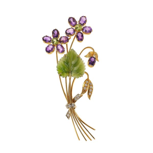 Spilla "Violette" con ametista, peridoti, nefrite e diamanti