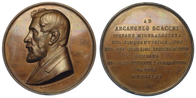 NAPOLI. ARCANGELO SCACCHI, 1810-1893. Medaglia di bronzo 1891. Cinquantesimo anniversario d'insegnamento.  - Auction Numismatics - Medals and popes - II - Cambi Casa d'Aste