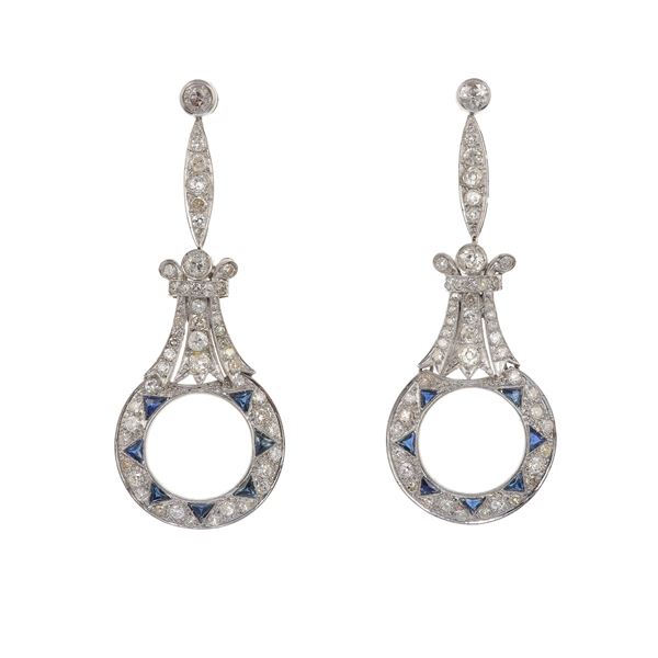 Pair of old-cut diamond and sapphire (natural and synthetic) earrings