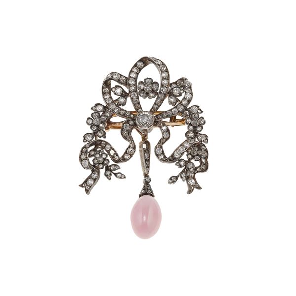 Natural conch pearl, saltwater, and old-cut diamond brooch/pendant. Gemmological Report CISGEM n. 29403