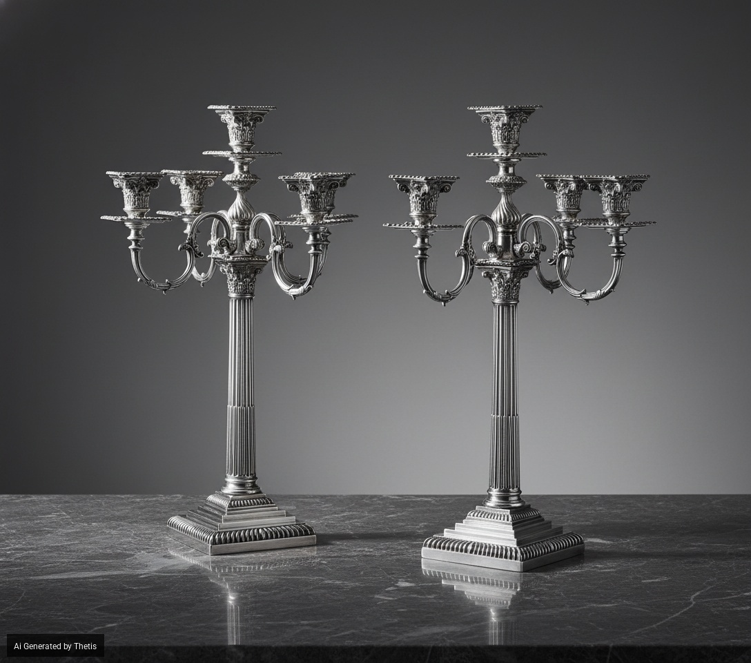 Coppia di Grandi Candelabri a Cinque Fiamme. Londra, 1895. Argentieri William Gibson & Lawrence L...
