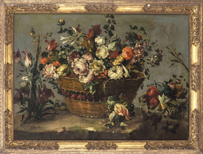 Maestro dei fiori guardeschi (attivo tra il 1730 e il 1760) : Paesaggio con cesta di fiori  - olio su tela - Asta Fine Art Selection - Cambi Casa d'Aste