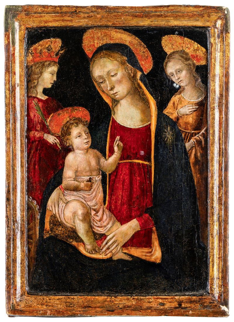 Maestro di San Miniato (Lorenzo di Giovanni di Nofri?) (documentato a Firenze dal 1465 al 1512) : Madonna con Bambino e due angeli  - tempera e foglia oro su tavola - Asta Fine Art Selection - Cambi Casa d'Aste