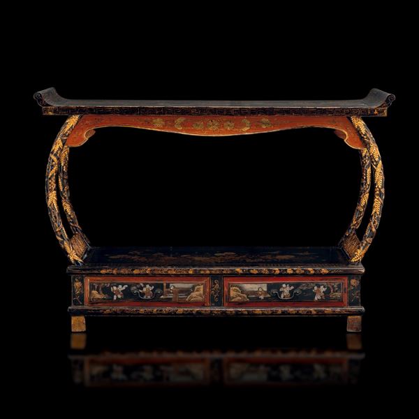 Lacquered wooden table depicting scenes of everyday life with naturalistic and geometric motifs in gold, China, Qing Dynasty, Jiaqing period (1796-1820)