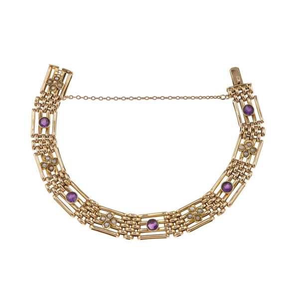 Amethyst, pearl and gold bracelet