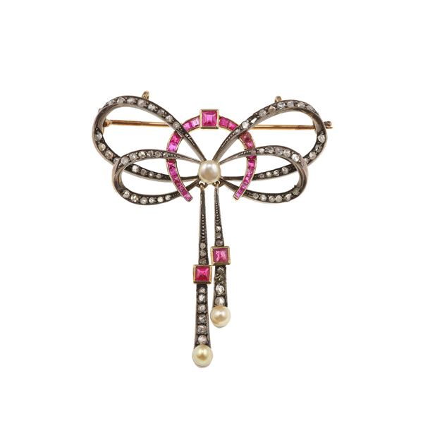 Synthetic ruby, rose-cut diamond, pearl, silver and gold brooch. Two missing diamond