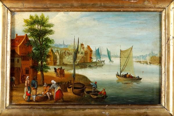 Scuola del XIX/XX secolo Paesaggio costiero con figure e imbarcazioni