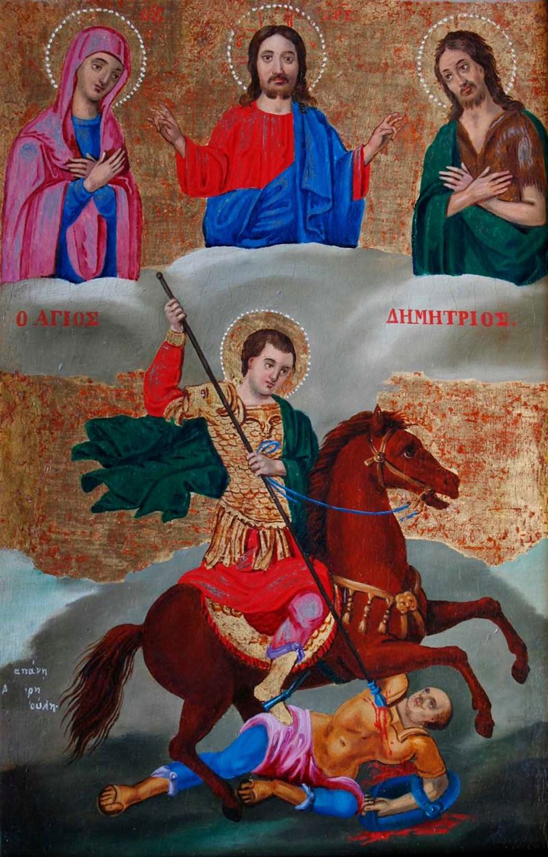 Scuola del XIX secolo Madonna, Gesù, San Giovanni Battista e Santo a cavallo  - olio su tavola - Asta Dipinti Antichi - Cambi Casa d'Aste