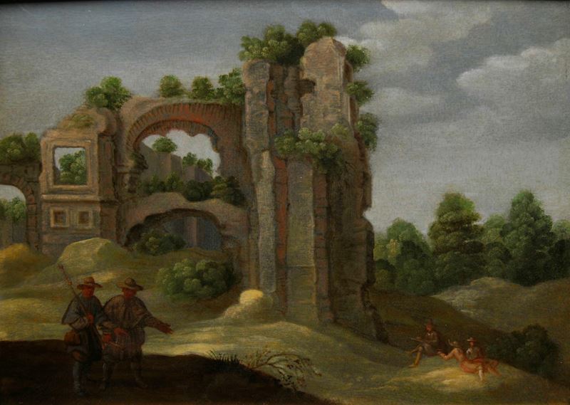 Pieter Anthonisz van Groenewegen : Paesaggio con rovine e viandanti  - olio su tavola - Asta Dipinti Antichi - Cambi Casa d'Aste