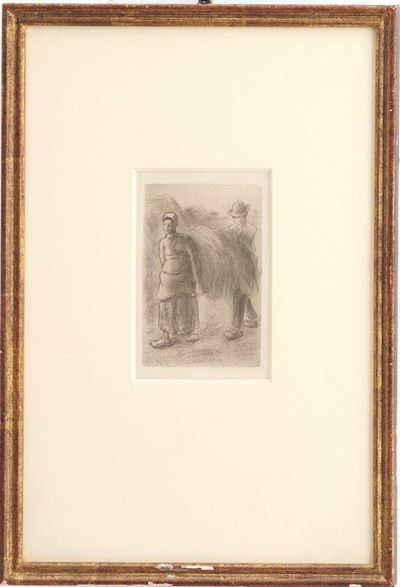 Pissarro, Figura femminile e figura maschile con fieno, acquaforte su carta