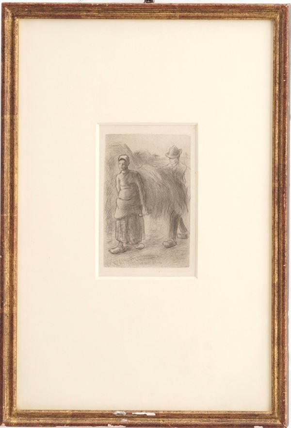 Pissarro, Camille (1830-1903) Figura femminile e figura maschile con fieno