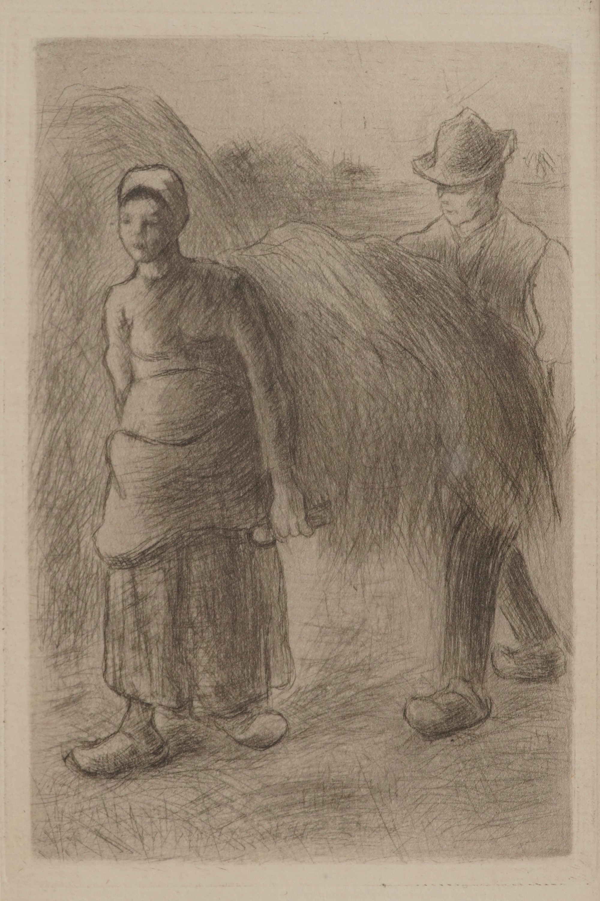 Pissarro, Figura femminile e figura maschile con fieno, acquaforte su carta