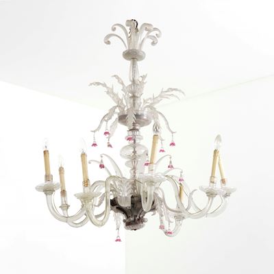 Lampadario in Vetro di Murano a Otto Luci. XX Secolo