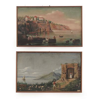 Due Dipinti Raffiguranti Scene Costiere con Personaggi. XX Secolo