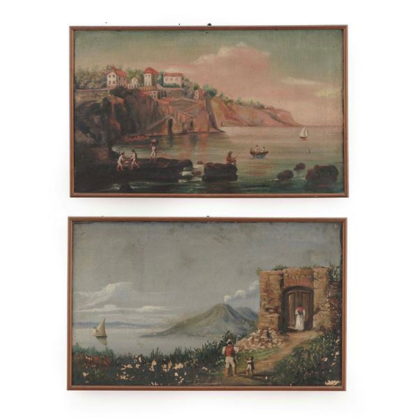Due dipinti raffiguranti scene costiere con personaggi. XX secolo