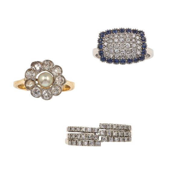 Three diamond, sapphire, pearl and gold rings