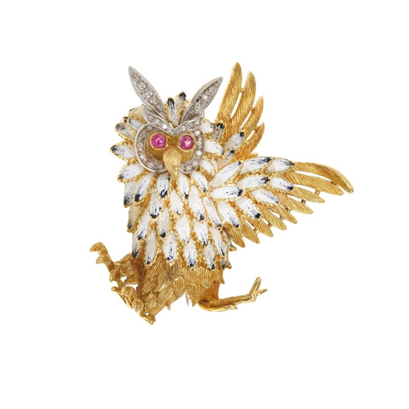 Spilla "gufo" con smalti policromi, rubini e diamanti  - Asta Fine Jewellery - Cambi Casa d'Aste