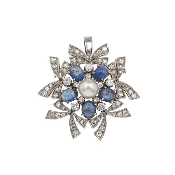 Spilla/pendente con zaffiri, diamanti e perla centrale