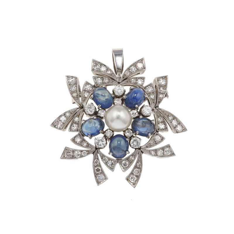 Sapphire, diamond, pearl and gold brooch/pendant  - Auction Fine Jewellery - Cambi Casa d'Aste