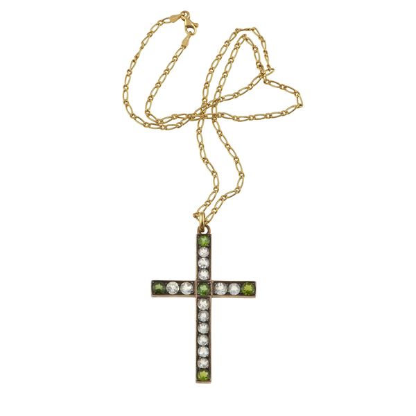 Peridot, quartz, gold and low-karat gold pendant necklace