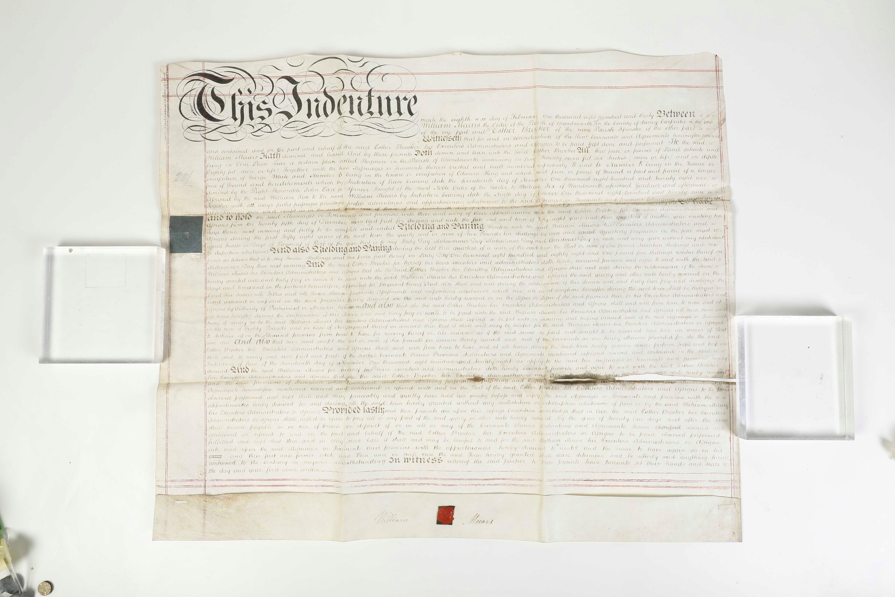 Atto legale storico, atto di indenture datato 8 febbraio 1830