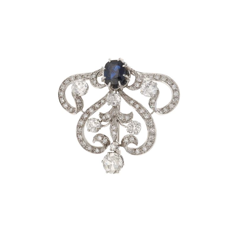 Sapphire, diamond and gold brooch  - Auction Fine Jewellery - Cambi Casa d'Aste